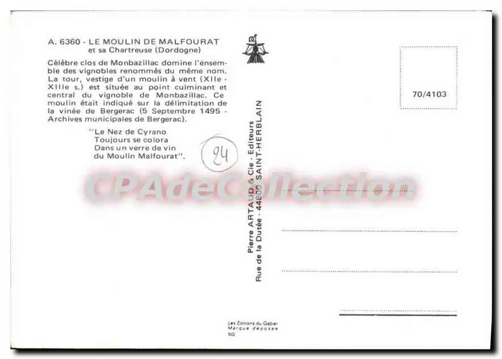 O Moulin de Malfourat — sua Chartreuse e vinha — Editores Pierre Artaud & Cie, Saint-Herblain - Verso