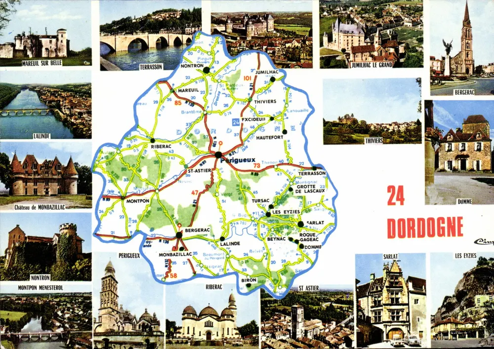 Dordogne — Touristische Karte mit Ansichten von Sehenswürdigkeiten und Straßenkarte — CIMCOLOR - Vorderseite