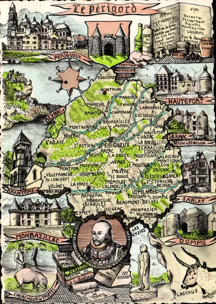 Le Périgord — Illustrierte Karte mit lokalen Sehenswürdigkeiten und Produkten — Éditions Rorné, Raza et L'Étale (Dôme) - Vorderseite
