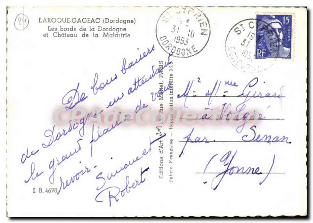 As margens da Dordogne e Castelo de La Malatrie — Laroque-Gageac — Éditions d'Art Française - Verso