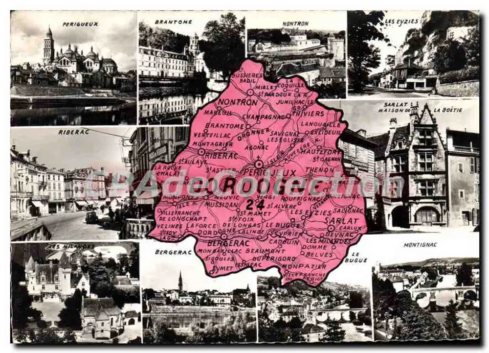 Dordogne — Colagem de vistas de Périgueux, Brantôme, Nontron, Sarlat, Les Eyzies, Bergerac, Montignac — editor Cie des Arts Photographiques - Frente