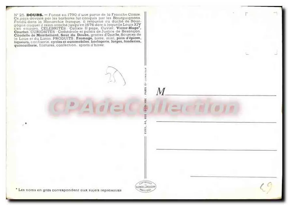 Doubs — Illustrierte Karte mit Karte, Sehenswürdigkeiten und Persönlichkeiten — Verlag Blenel & Jougouery, n°25 - Rückseite