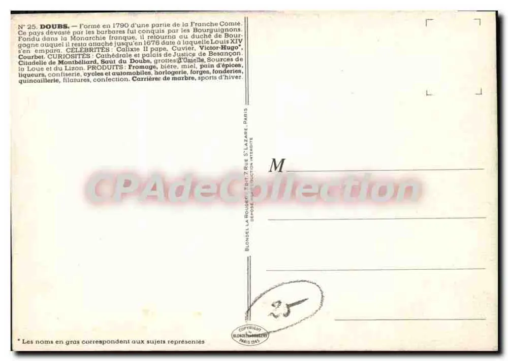 Doubs — Carta postal ilustrada com mapa, monumentos e personalidades — Editor Blondel, n°25 - Verso