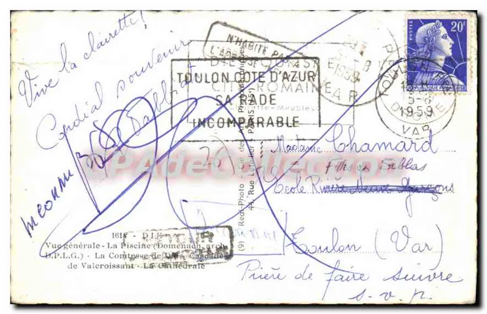 Die — Pamiątki z Die — Ogólny widok, basen miejski, figura, wodospad, kościoł — Wydawca D.P.L.G. - Rewers