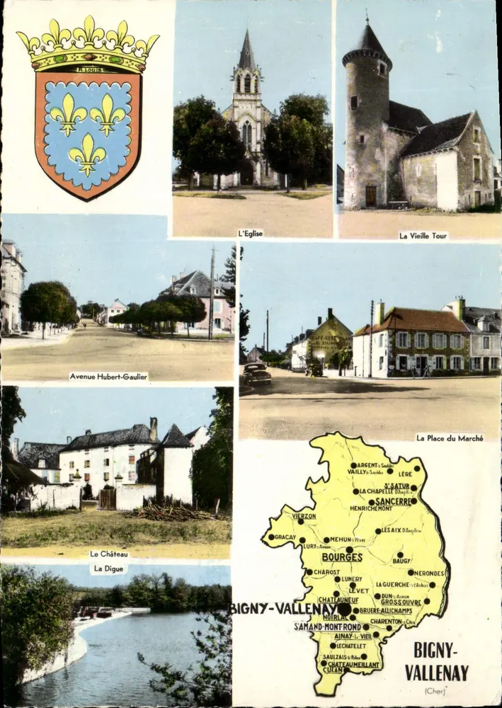 Bigny-Vallenaÿ (Cher) — vista panorâmica com brasão, igreja, torre, rua, castelo e carta postal — editor CIM, n°18 - Frente
