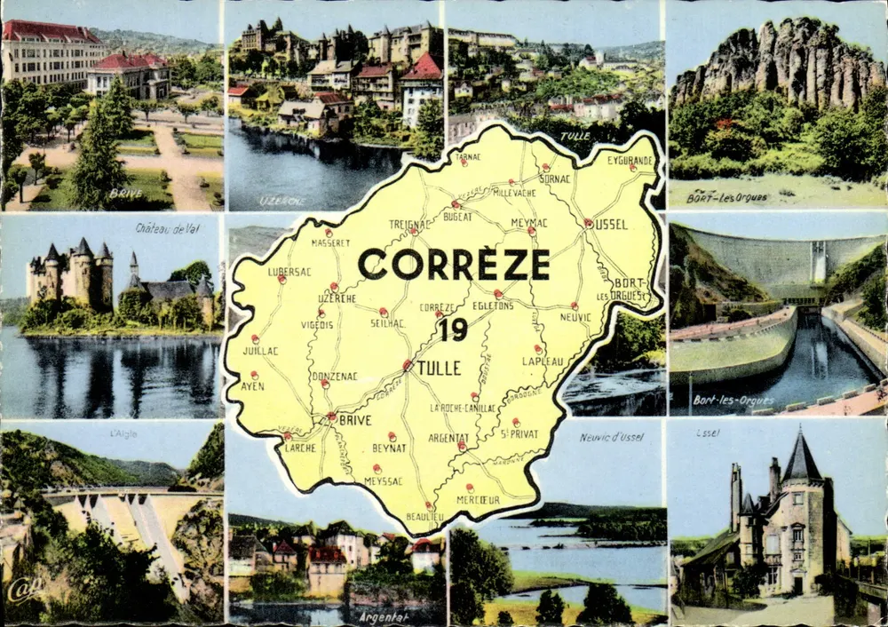 Corrèze — Carta postal panorâmica com mapa detalhado — Cliché des Arts Photomécaniques, Paris - Frente