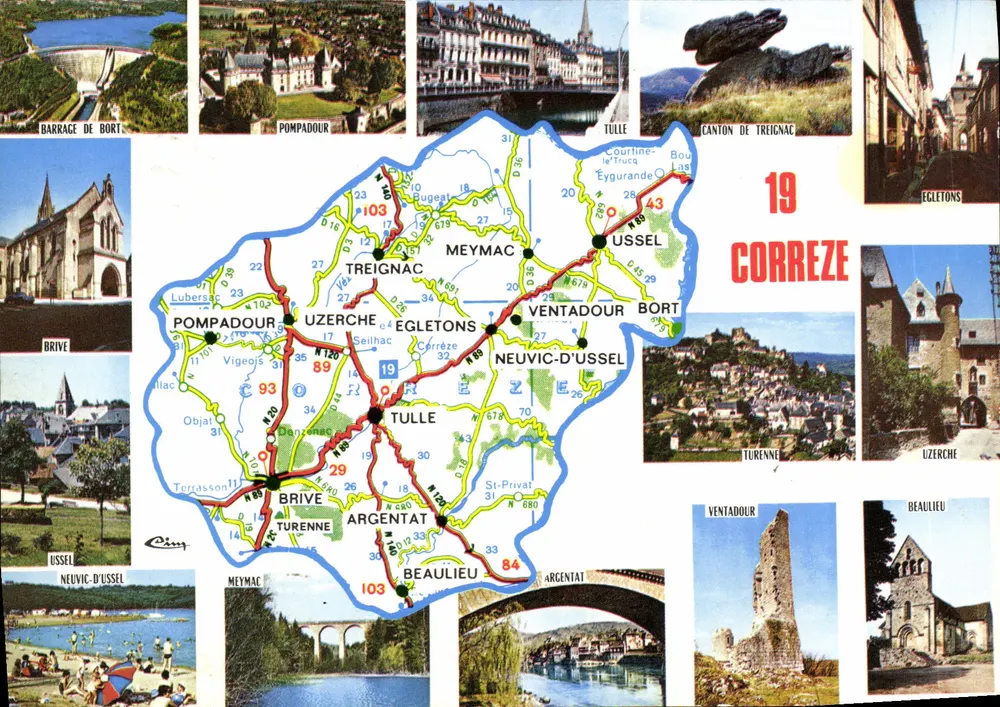 Corrèze — Carte Touristique avec carte routière et photos de lieux — Éditeur CIMCOLOR - Frente