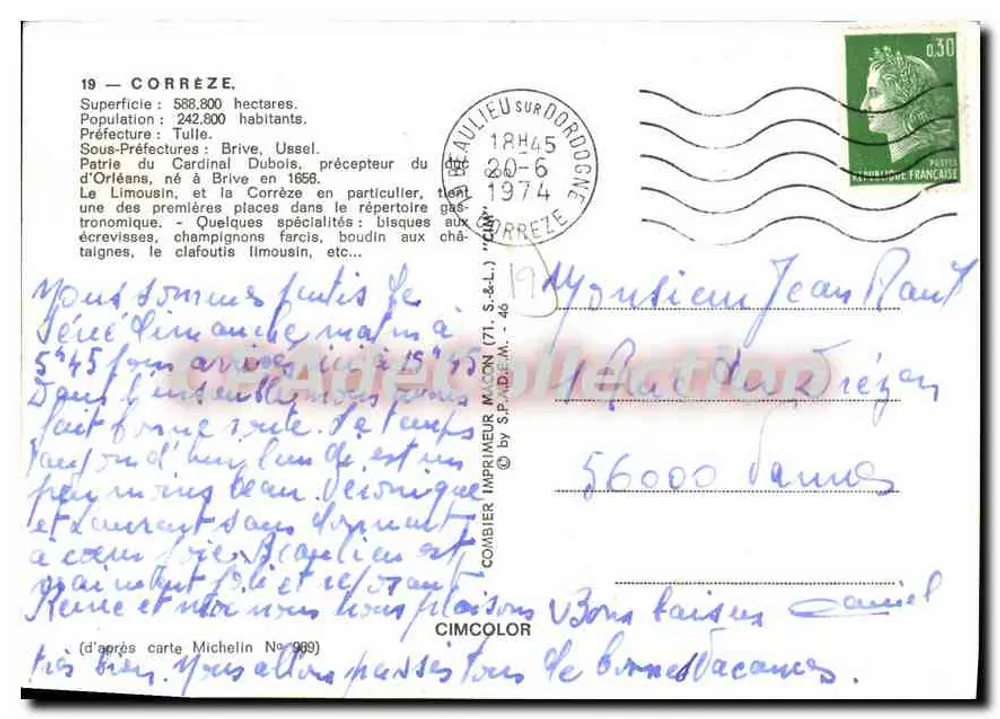 Corrèze — Carte Touristique avec carte routière et photos de lieux — Éditeur CIMCOLOR - Verso
