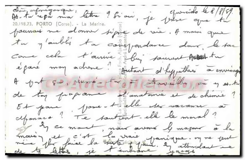 Porto (Córsega) — vista do porto e da margem — Bilhete postal antigo de Coleção - Verso