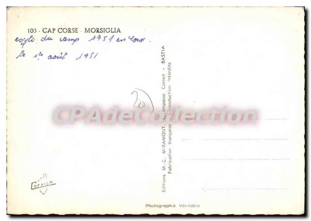 Cabo Corse - Morsiglia — vista do acampamento 1951 — Éditions M.-C. Miramont - Verso
