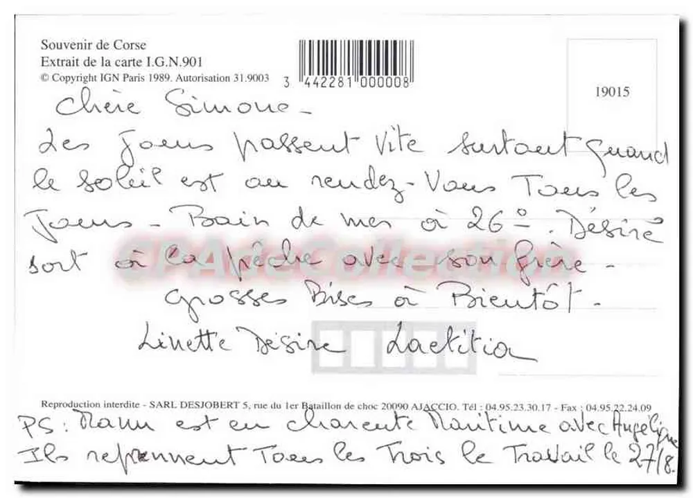 Carta da Corse — Lembrete da Corse, extrato da carta I.G.N.901, edição 1989 - Verso