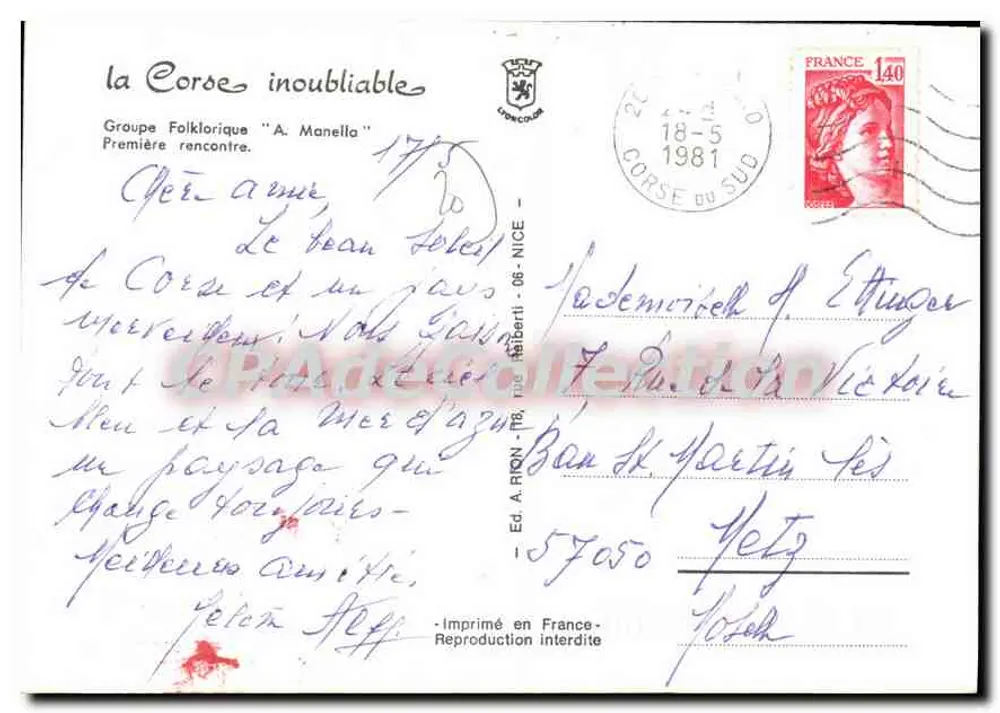 Fontaine de la Corse — Folklore-Gruppe 'A. Manella' — Verlag A. RON - 57450 - Rückseite