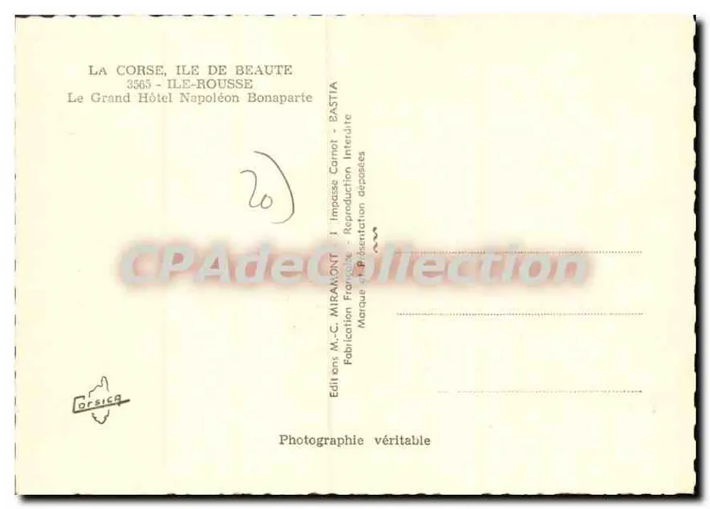 Ilha Rousse - Córsega - O Hotel Napoléon — Edição M.C. Miramont, Bastia - Verso