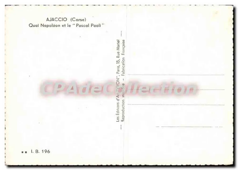 Ajaccio (Córsega) — Quai Napoléon e o "Pascal Paoli" — Edições de Arte "YVOY" - Verso