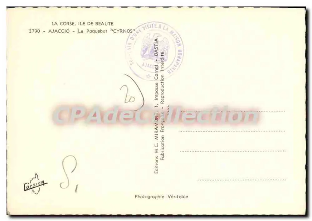 Ajaccio - Córsega. Navio no porto — Edições M.C. Miramont, Bastia - Verso