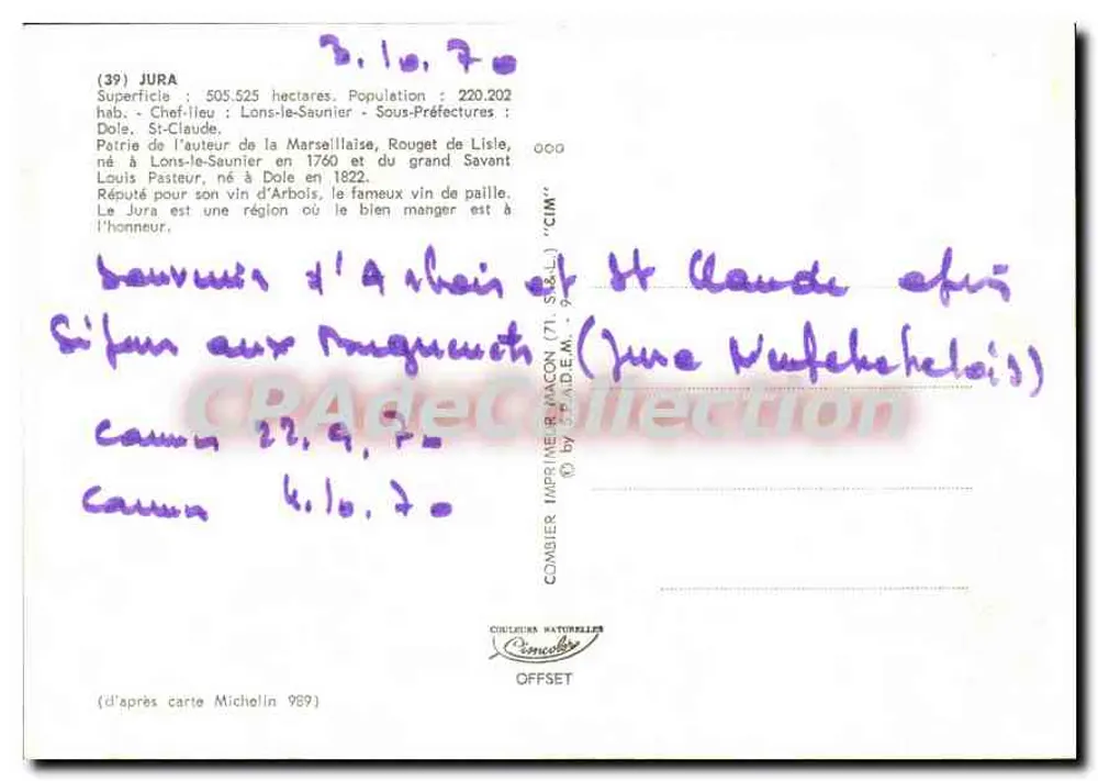 Jura — 39 — Touristenkarte mit Ansichten von Sehenswürdigkeiten und Straßenkarte — Verlag: Couleurs Naturelles - Rückseite