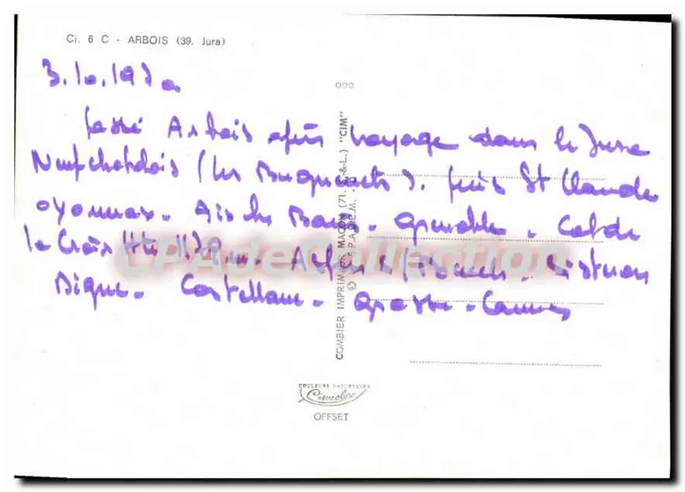 Arbois — Panoramablick und Weinwerbung — Verlag Comabier (71, Jura) - Rückseite