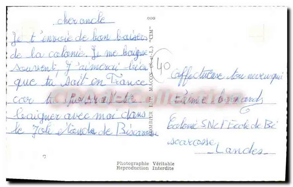 Biscarrosse (Landes) — recordações de colônia — editor MACON (S.-e.-L.) - Verso