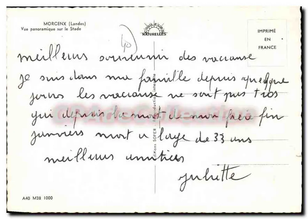 Morcenx (Landes) — Panoramablick auf den Stadion — Verlag: Couleurs Naturelles, Serie A40 M38 1000 - Rückseite