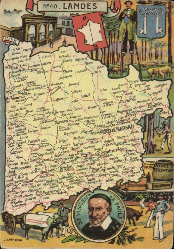 Landes — illustrierte Ansichtskarte mit Karte, Wappen und lokalen Szenen — J.R. Pinchag - Vorderseite
