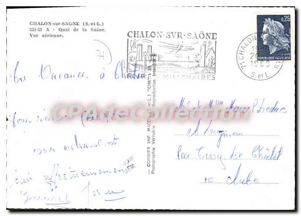 Chalon-sur-Saône — Luftbild des Saône-Ufers — Vintage Postcard/Antike Ansichtskarte - Rückseite