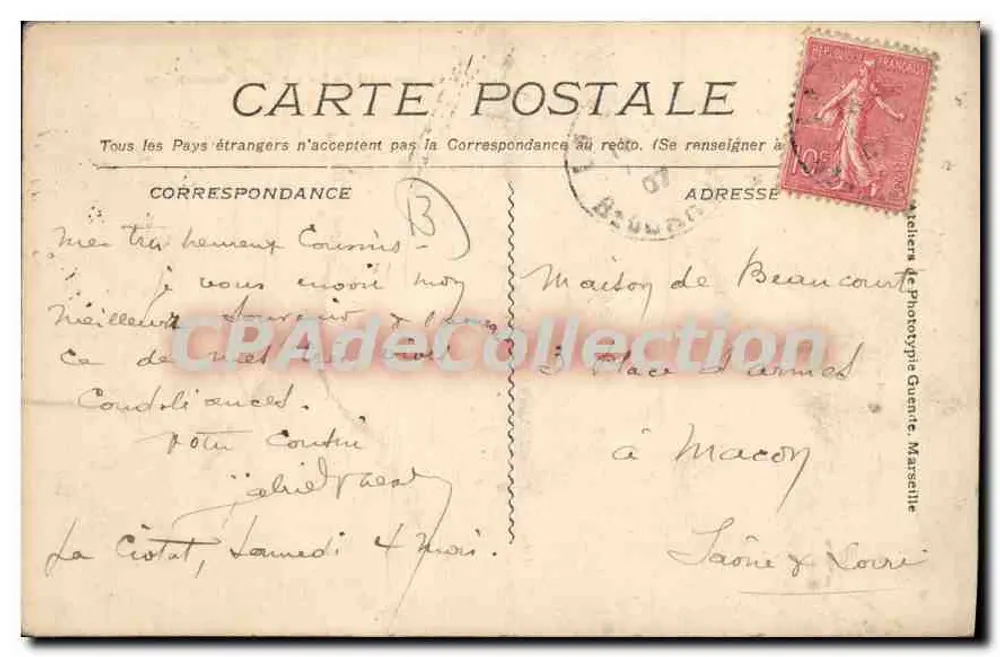 La Ciotat - Der Ganteaume-Kai — Ansicht des Hafens mit Segelboot und Kirche — Verlag: Phototypie Ganteaume, Nr. 2143 - Rückseite