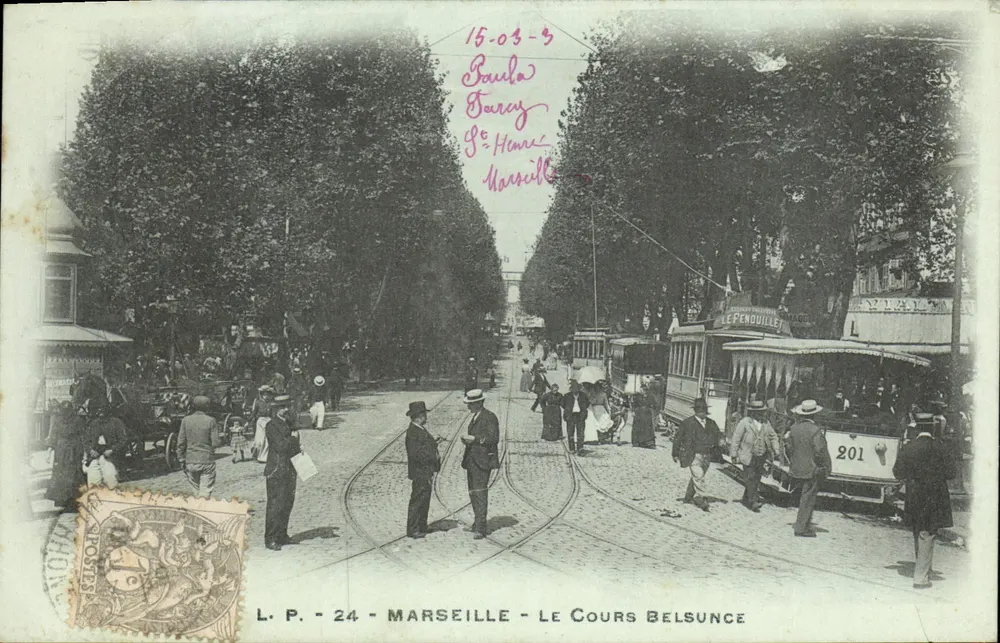 Marseille - O Cours Belsunce — trem n°201 e promenade — L.P. 24 - Frente