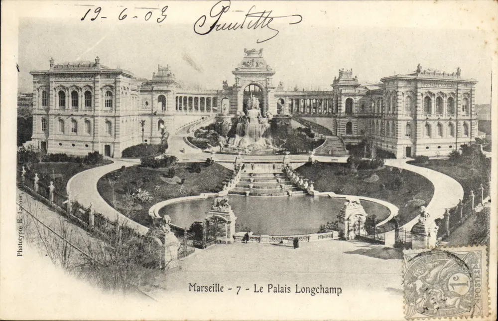 Marseille - Cung điện Longchamp — cảnh quan vườn và đài phun nước — Phototype E. Lagour - Mặt trước
