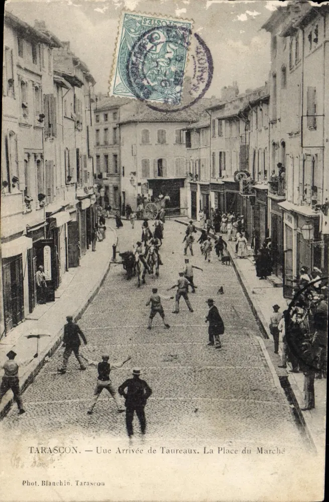 Tarascon — Llegada de Toros a la Plaza del Mercado — Fot. Blanchin, Tarascon - Anverso