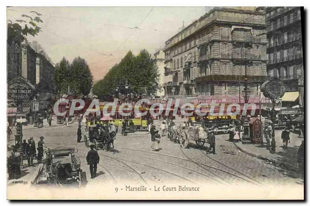 Marselha - O Cours Belsunce — vista animada com bondinho e veículos — editor Faure & Léon, n°9 - Frente