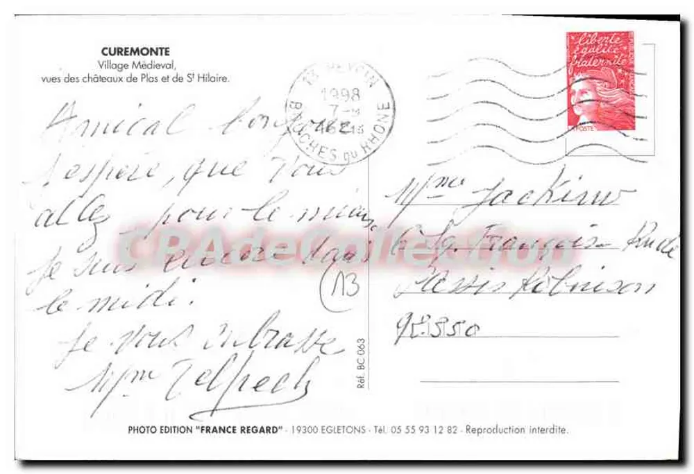 Curemonte — Mittelalterliches Dorf, Ansichten der Burgen von Plas und St Hilaire — Fotoedition 'France Regard' - Rückseite