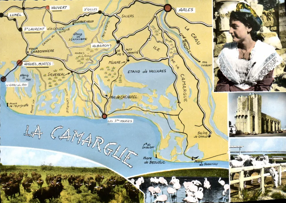 A Camargue — cartão postal ilustrado com fotos de paisagens e de uma mulher usando traje local — editado pela Cie des Arts Photographiques, Paris - Frente