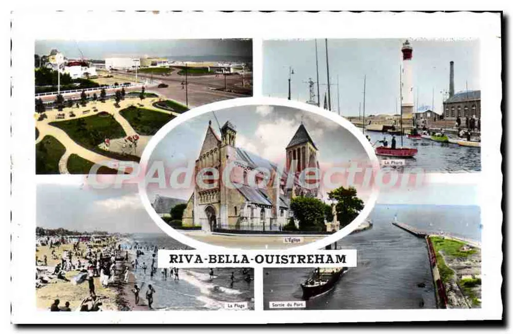 Riva-Bella-Ouistreham — Vista panorâmica com igreja, praia e porto — Edições ARTAUD Père et Fils, Nantes - Frente