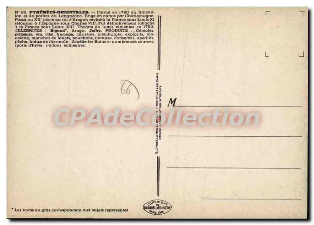 Pyrénées-Orientales — N°66 — Editor Blondel & Langueyry, Paris - Verso