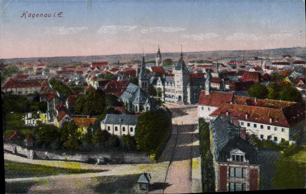 Hagenau i.É. — vista aérea da cidade com igreja e edifício público — editada por Felix Luhb, Kunstverlagsanstalt, Strasbourg - Frente