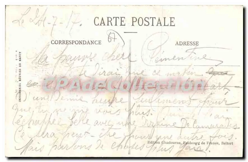 Tipo de Alsaciana: Reverie — Edição Chadourne, Fauxbourg de France, Belfort - Verso