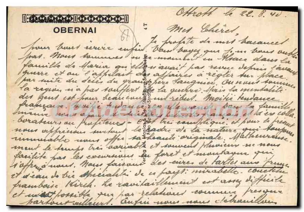 Obernai — rua com casas de madeira — editor Verlag J. Monika & Cie, Estrasburgo, n° 4.T - Verso