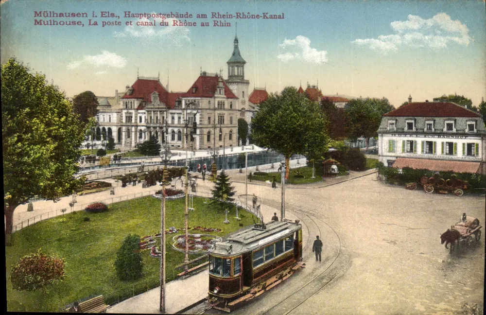 Mulhouse i. Els., Hauptpostgebäude am Rhein-Rhône-Kanal — Ansicht des Postgebäudes und des Kanals — unbekannter Verlag - Vorderseite