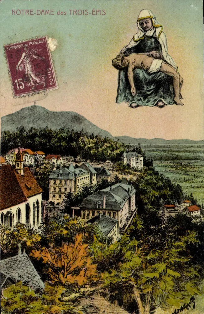 Notre-Dame des Trois-Épis — vista do vilarejo e da estátua da Virgem — editor desconhecido, n° de série 68 - Frente