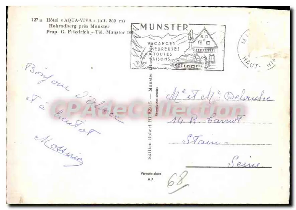 Hôtel Aqua-Viva — Hohrodberg près Munster — Édition Robert H. R. G. - Verso