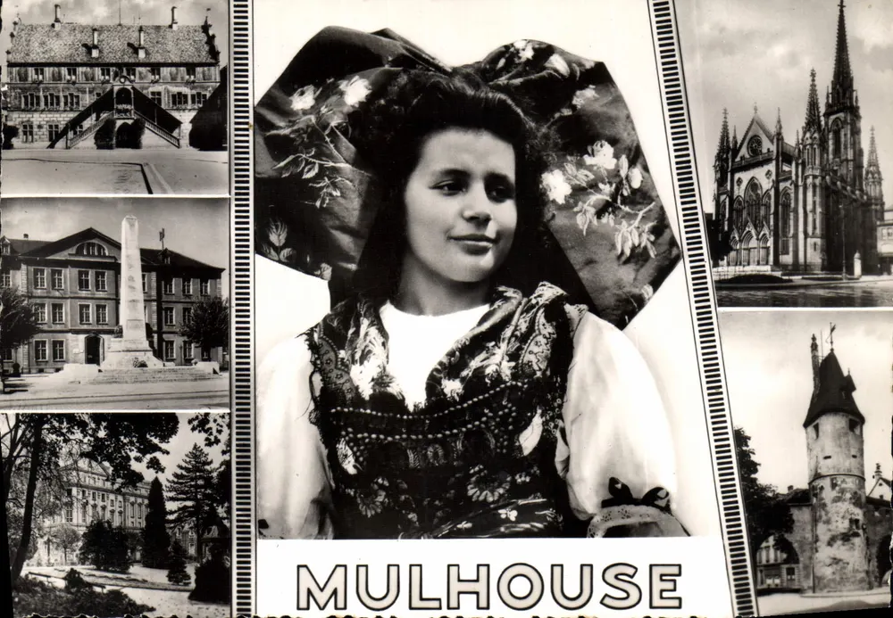 Mulhouse — Vista da cidade e mulher com traje local — Editor La Cigogne, n° 68.224.63 - Frente