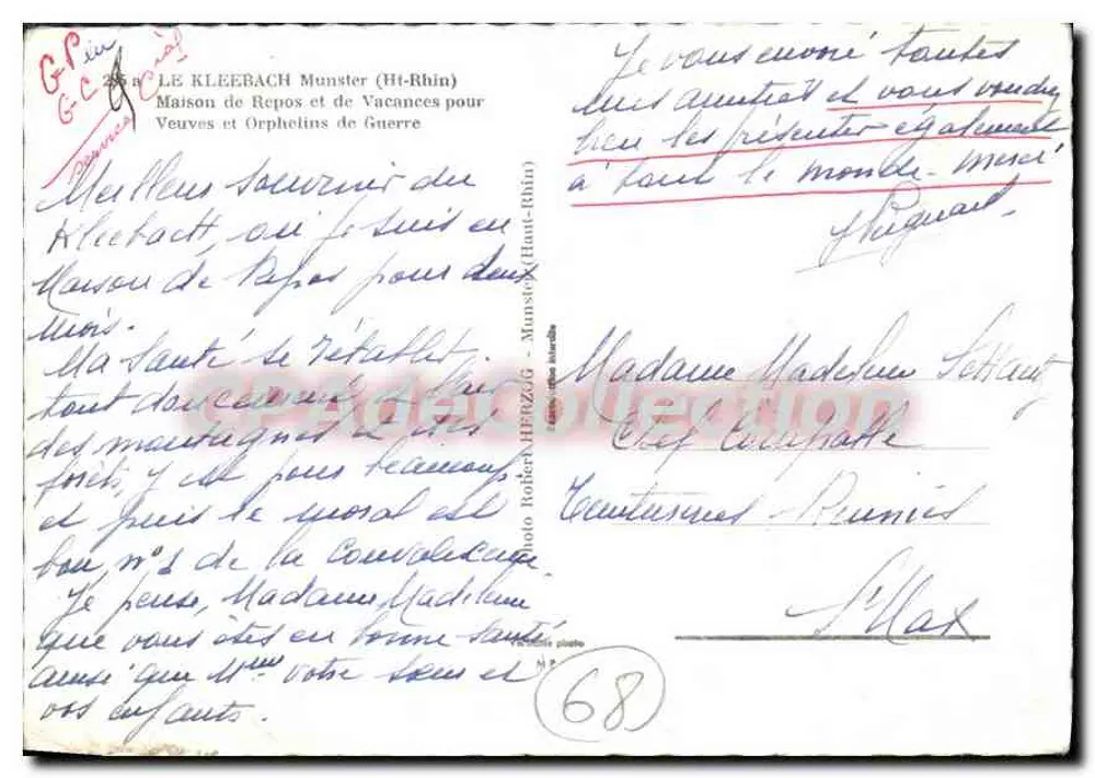 Kleebach (Haut-Rhin) — Ruhehaus und Ferienheim für Witwen und Kriegsorphanen — Verlag G. Pin, n° 68 - Rückseite