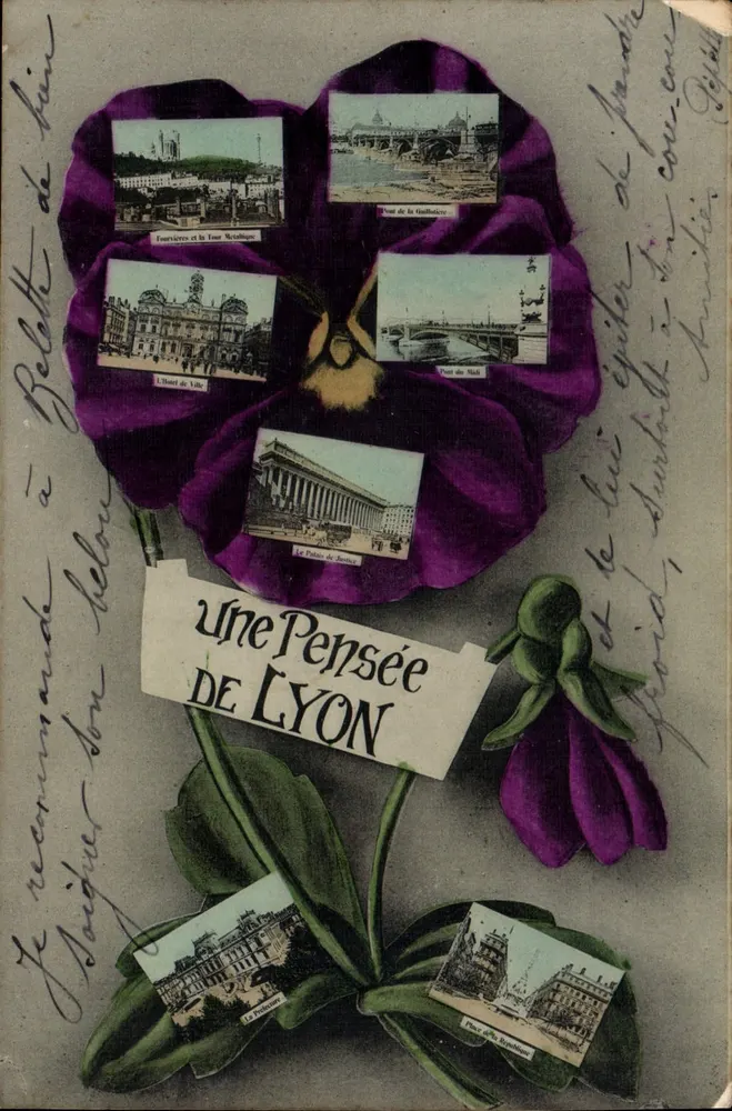 Ein Gedanke aus Lyon — dekorative Karte in Form einer violetten Blüte mit sechs Vignetten von Sehenswürdigkeiten in Lyon — Verlag nicht sichtbar - Vorderseite