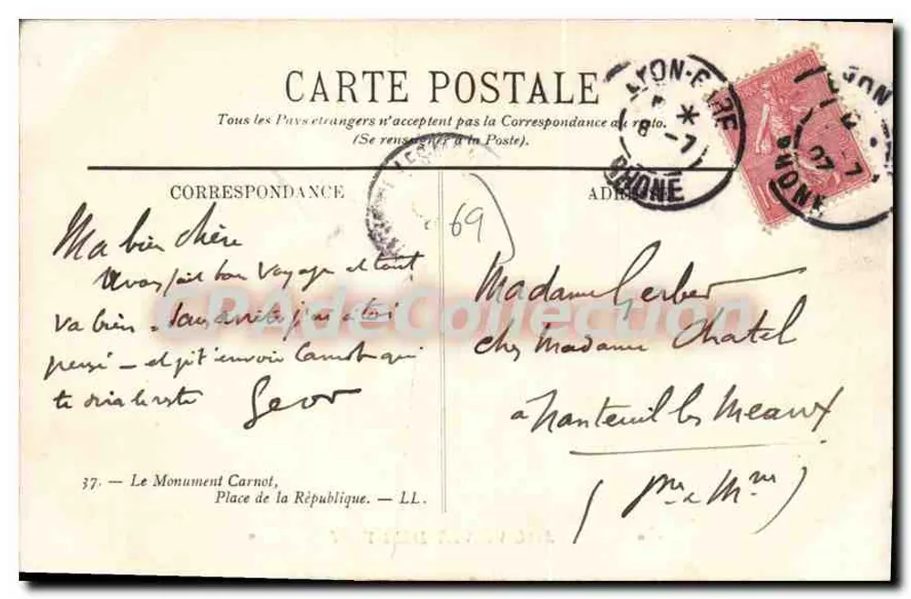 Place de la République — Pomnik Carnota — Pamiątka z Lyonu - Rewers