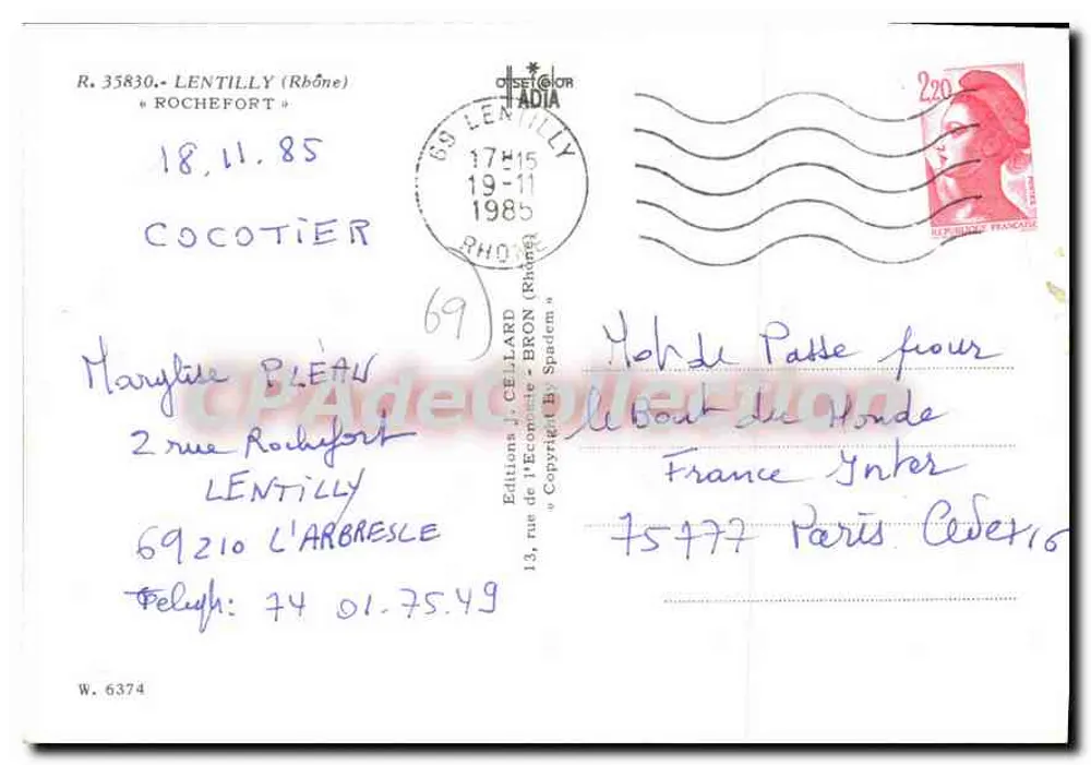 View aérea de LENTILLY — Rhône — Éditions J. CELLARD - Verso