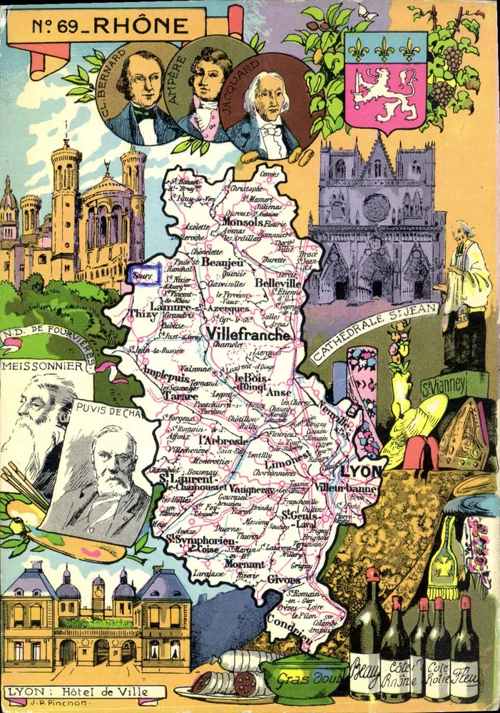 Rhone — N° 69 — Carta postal ilustrada com mapa, personagens e produtos locais - Frente