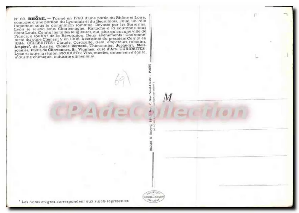 Rhone — N° 69 — Carta postal ilustrada com mapa, personagens e produtos locais - Verso