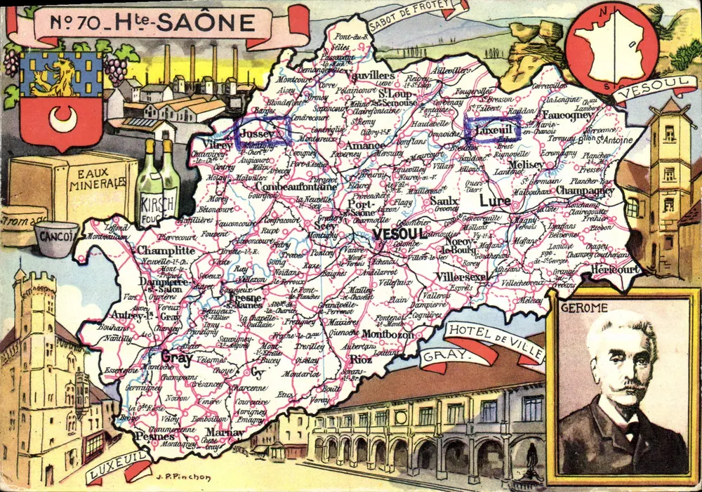 Haute-Saône — Carta postal ilustrada com mapa, produtos e curiosidades — J. Pinchon - Frente