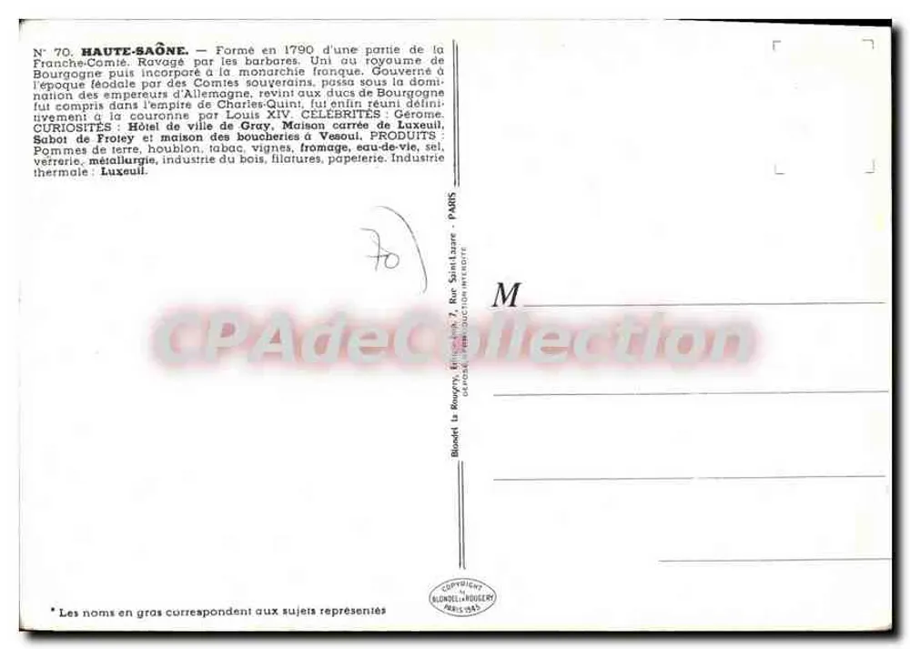 Haute-Saône — Carta postal ilustrada com mapa, produtos e curiosidades — J. Pinchon - Verso