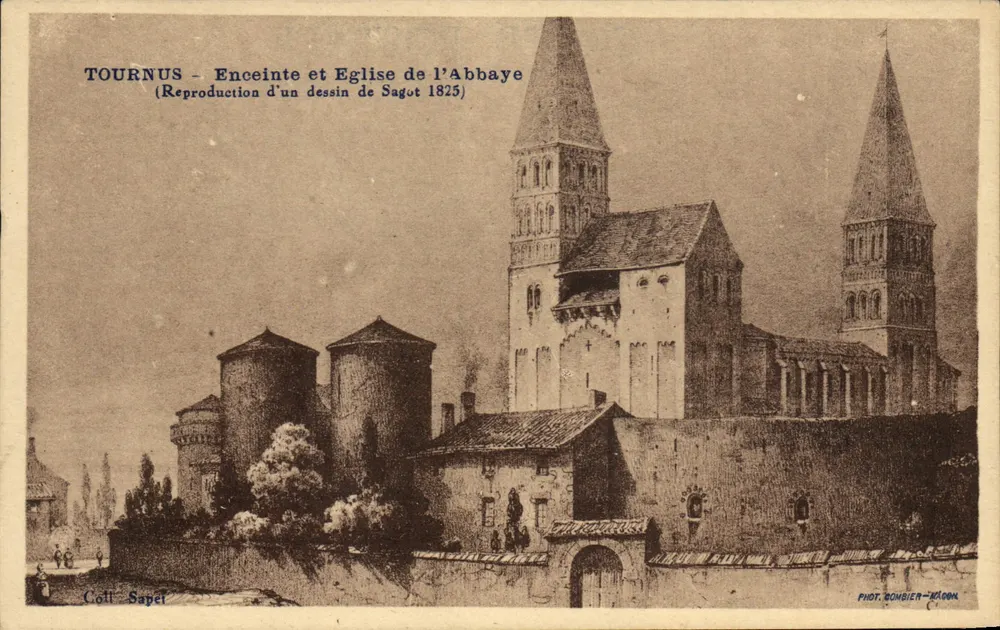 Tournus — Empalizada y Iglesia de la Abadía — Reproducción de un dibujo de Sagot 1825 — Fot. Bombier-Magon - Anverso
